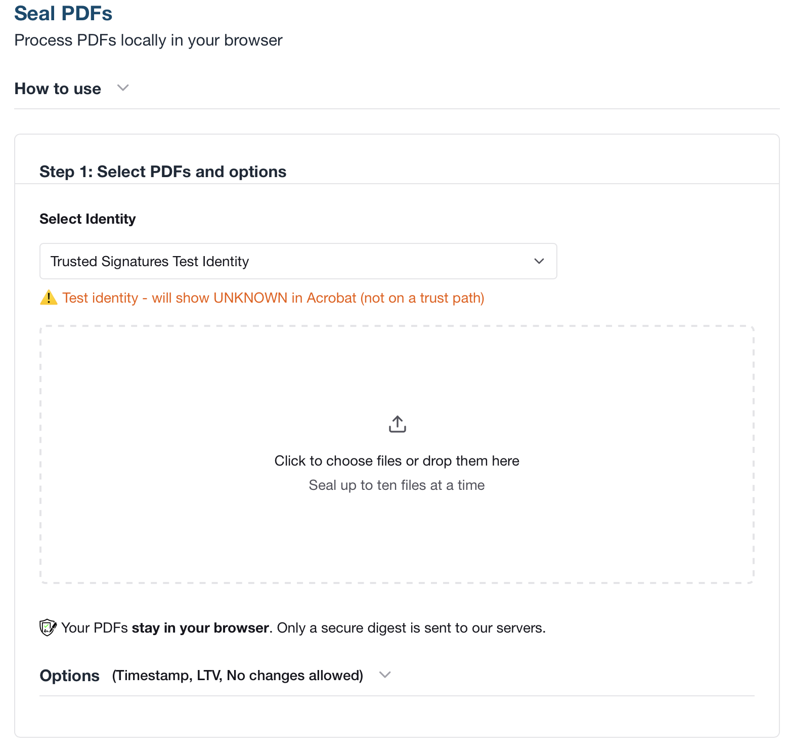 Web sealing screen showing local browser-based PDF sealing with a test certificate