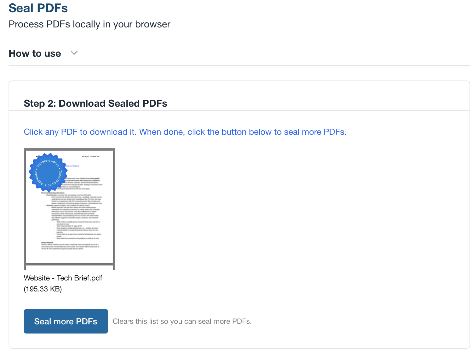 Web sealing second step showing test certificate sealing result and local download